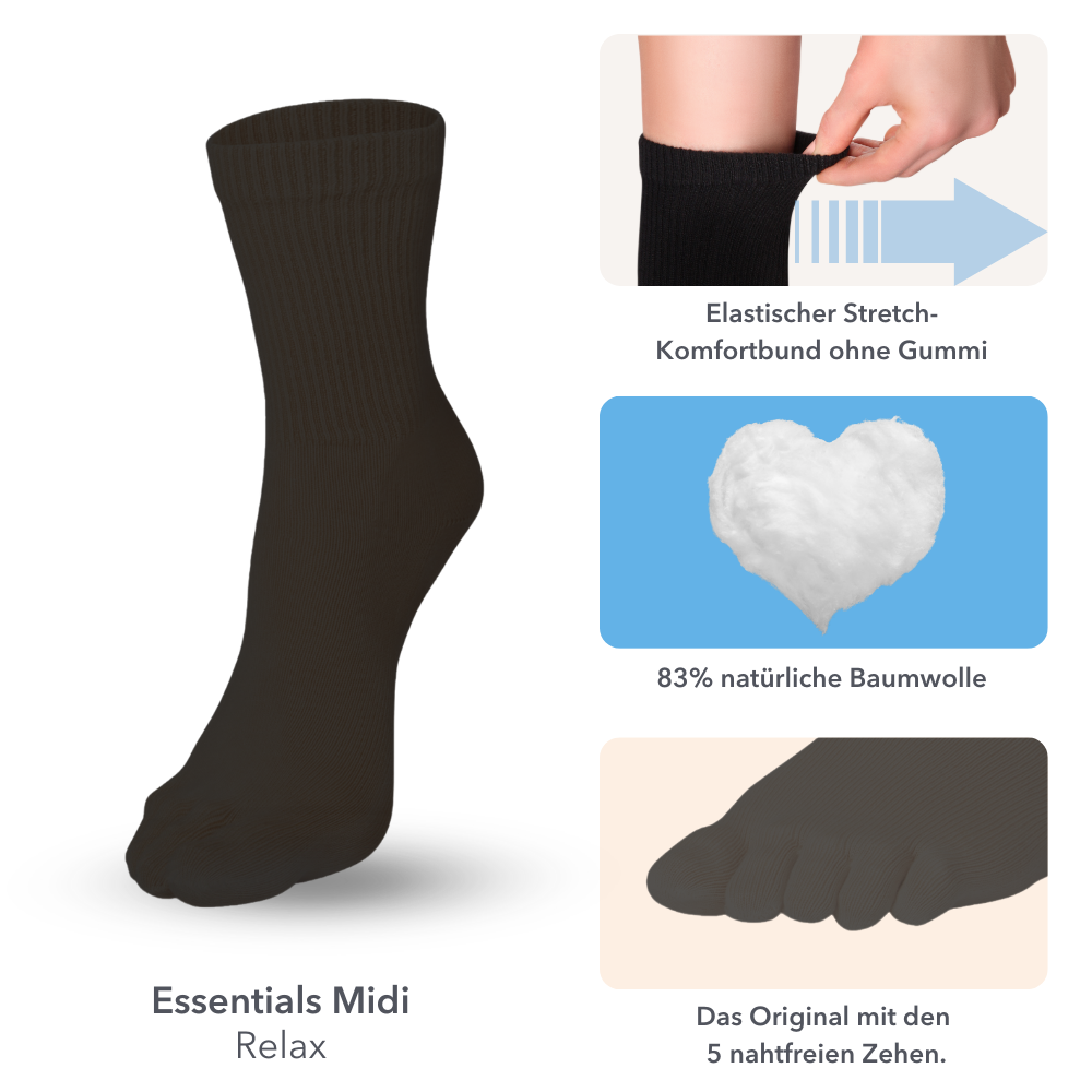 3er Sparpack Essentials Relax, wadenlange Komfort-Zehensocken - Knitido®