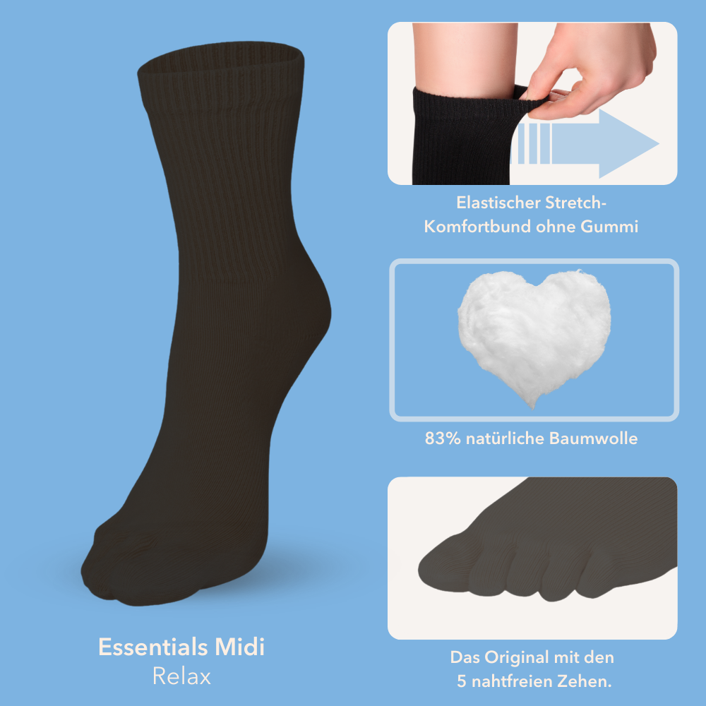 3er Sparpack Essentials Relax, wadenlange Komfort-Zehensocken - Knitido®