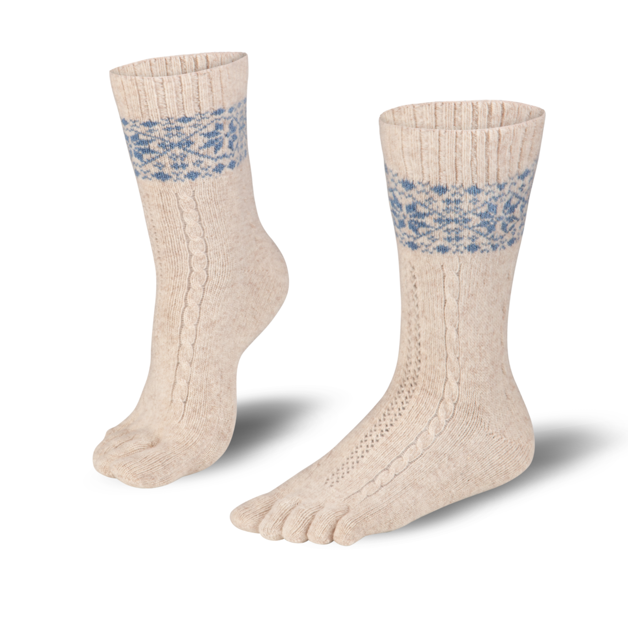  Knitido warm merino & cashmere toe socks with snow patches pattern in beige/light blue