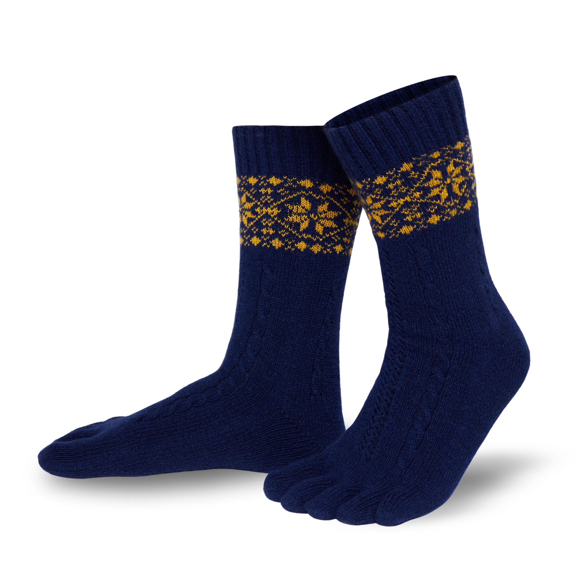 Knitido tople nogavice iz merina in kašmirja z vzorcem snežnih lis v mornarski in zlati barvi