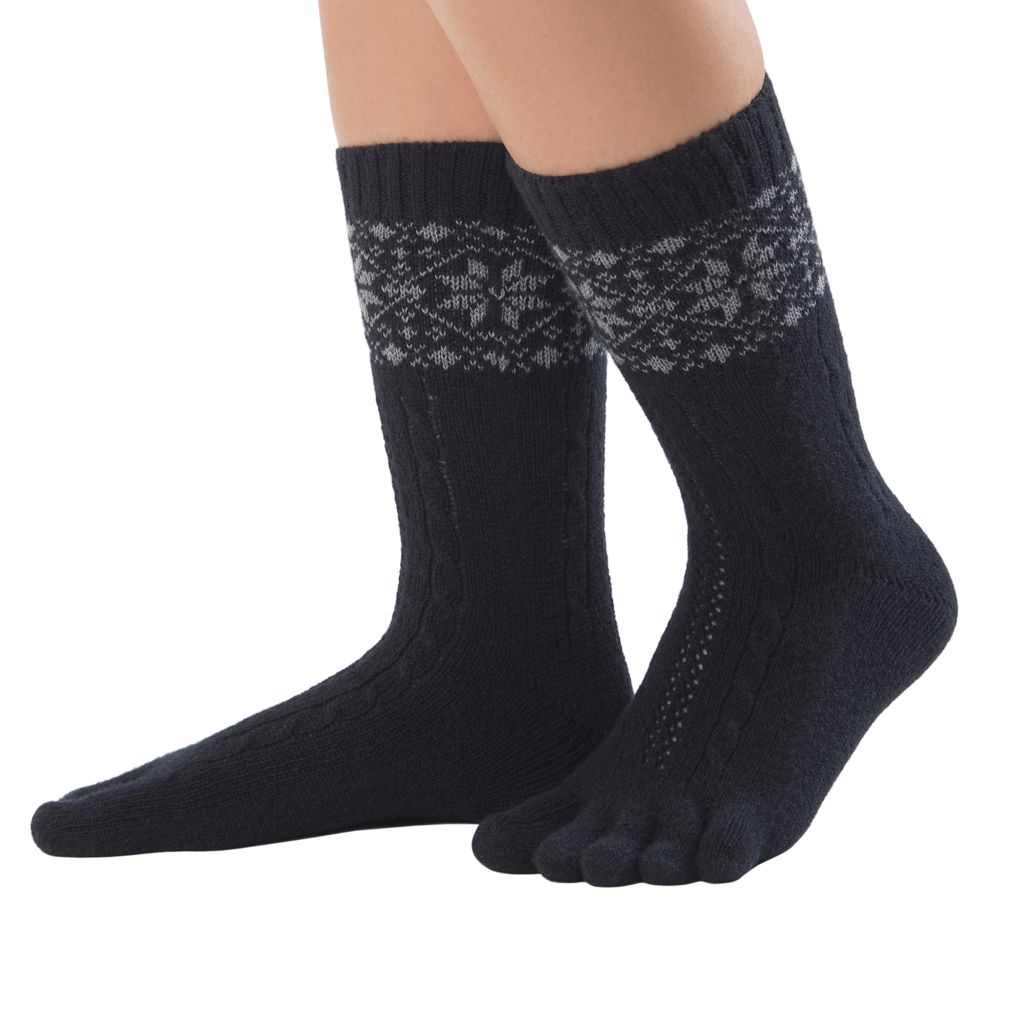  Knitido tople nogavice iz merina in kašmirja z vzorcem snežnih lis v črni / sivi barvi