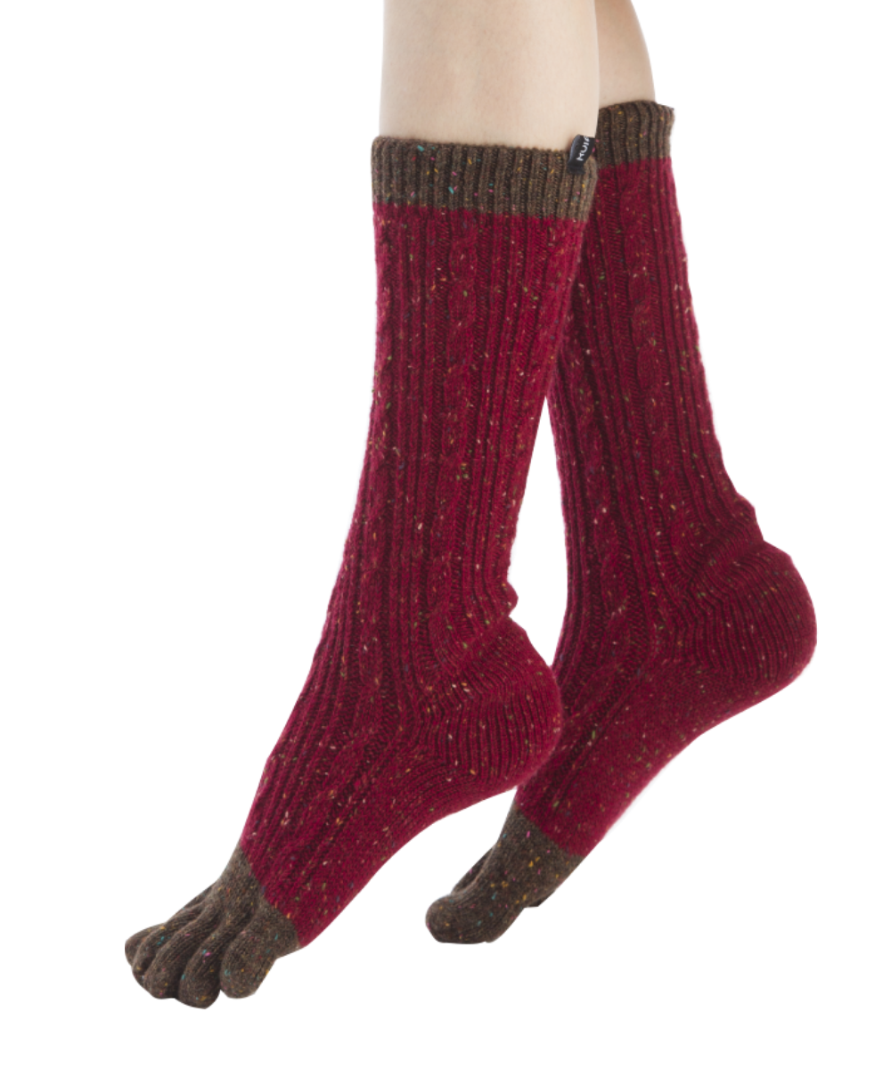 Knitido Plus Sakura : chaussettes à orteils bicolore moucheté avec laine, chaud et doux en rouge foncé