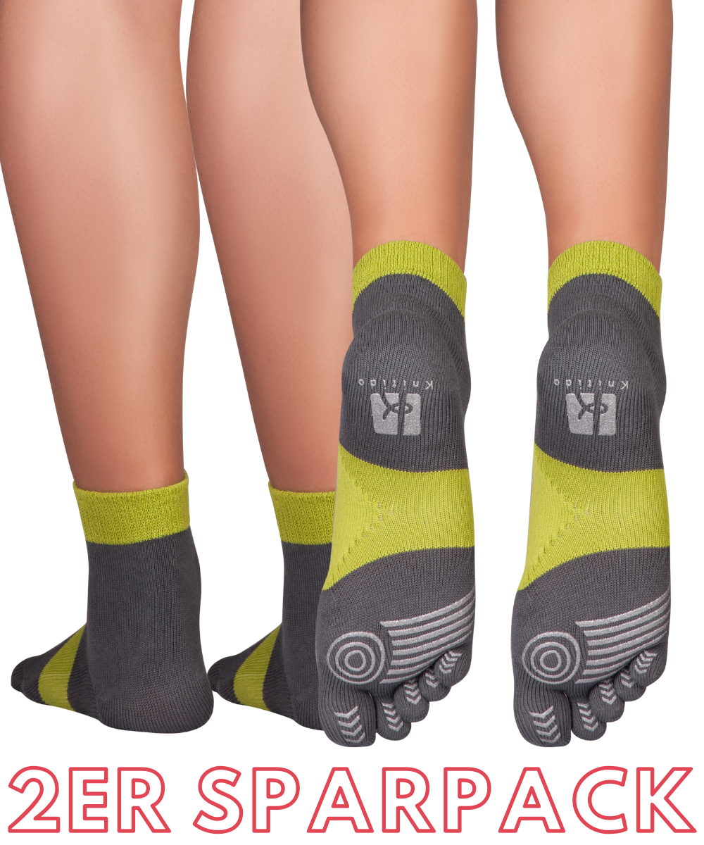 Confezione da 2 di scarpette per dita dei piedi sportive a lunga durata con grip, supporto per l'arco plantare e dispositivi naturali antiodore da Knitido in grigio e verde 