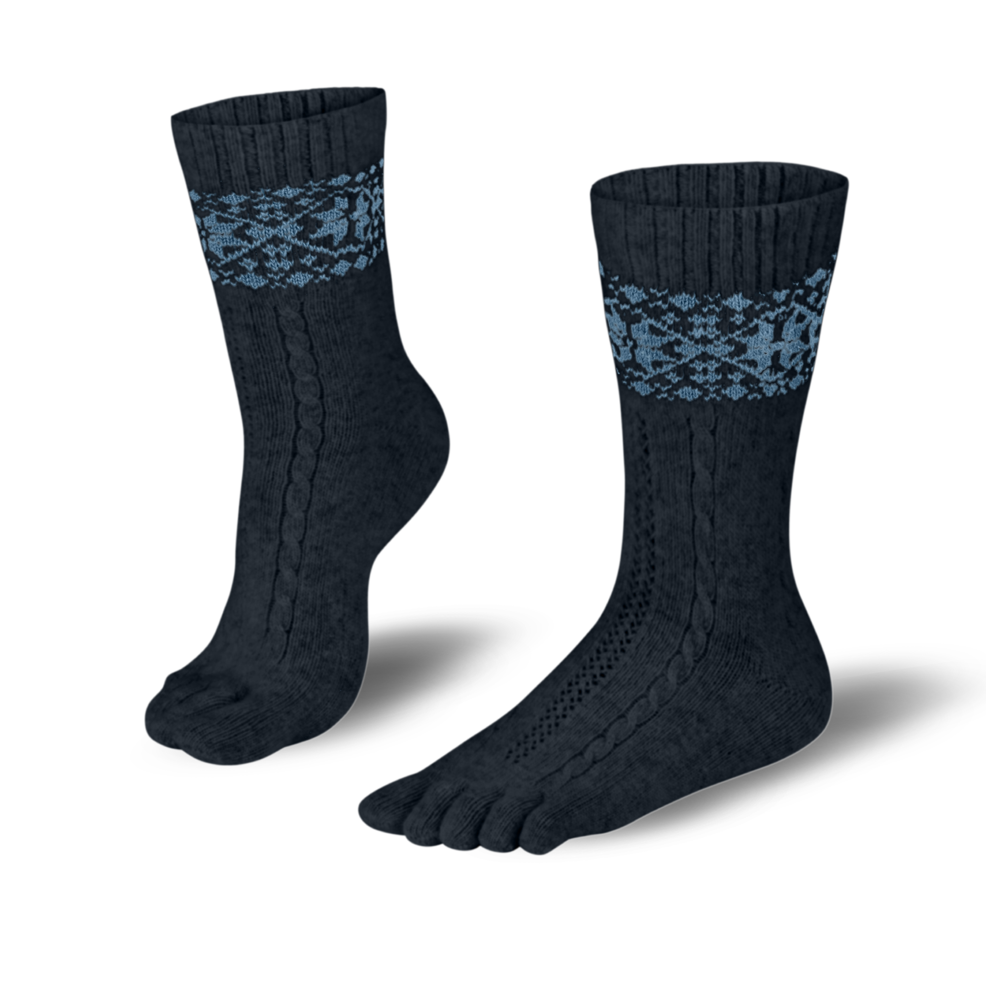 Knitido warme Zehensocken aus Merino & Kaschmir mit Schneeflecken Muster in anthrazit/blau 