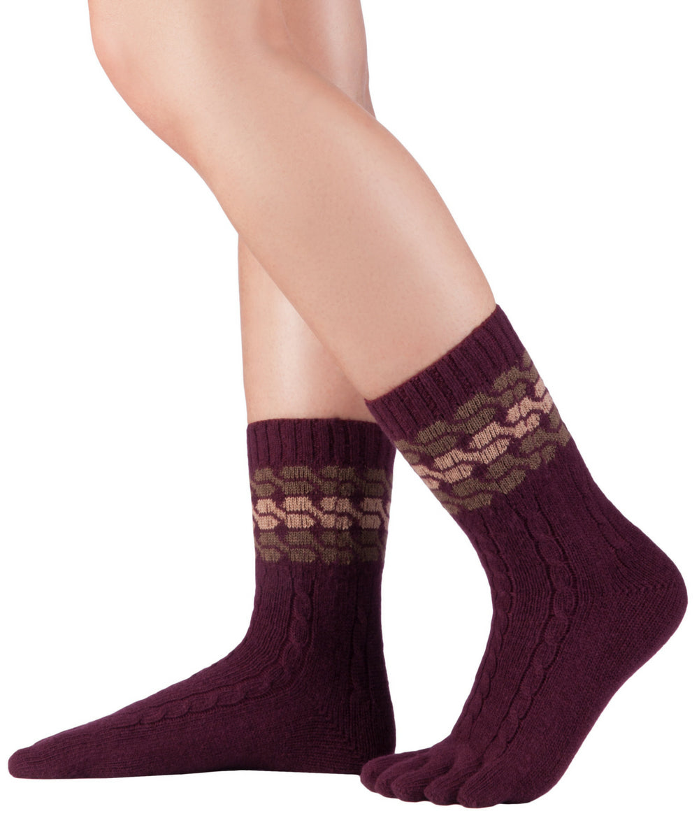 Knitido Tople nogavice z vzorcem Meander v vinsko rdeči/bež barvi, merino in kašmir