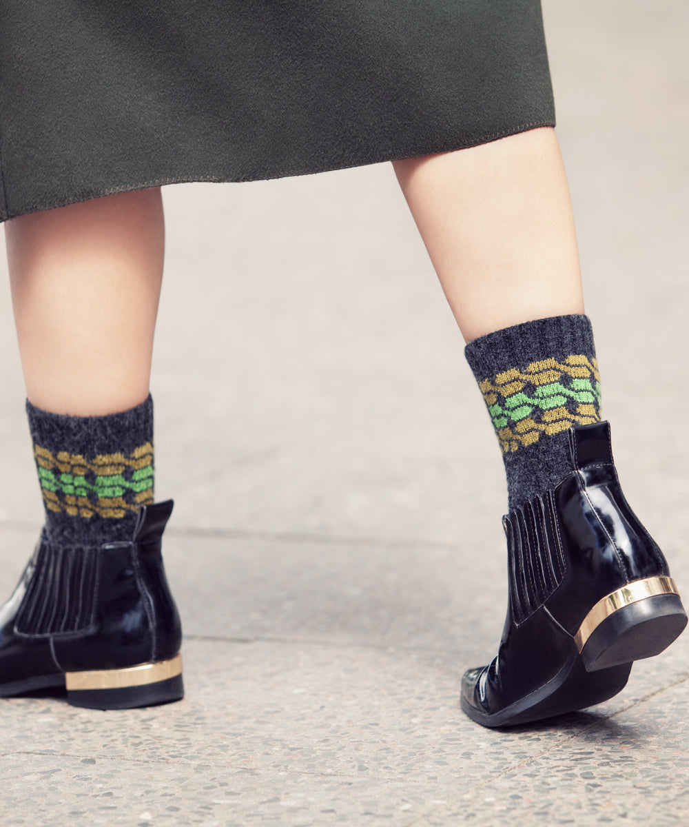 Knitido  chaussettes à orteils chaud en mérinos & cachemire avec motif de méandres en anthracite-vert