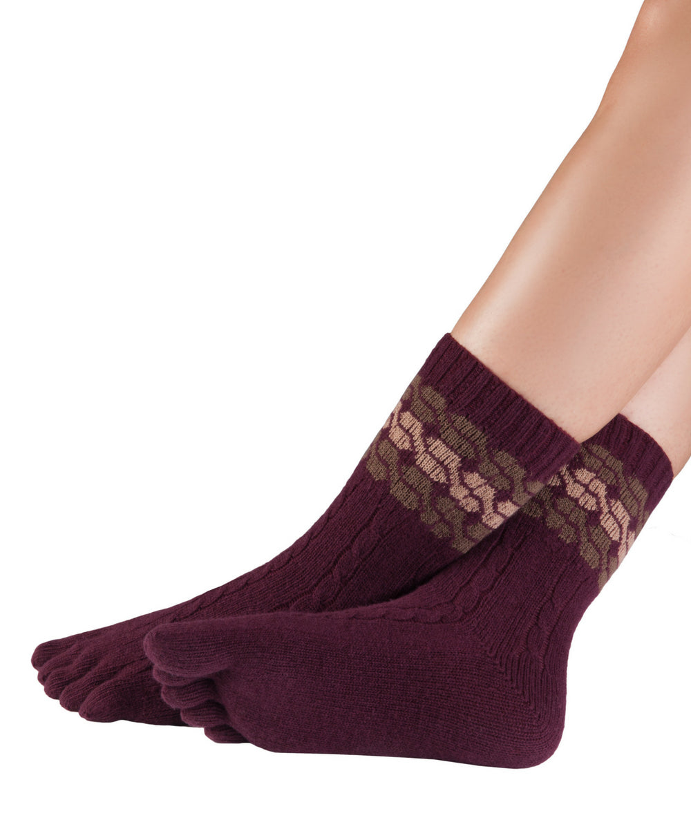 Knitido warm merino & cashmere toe socks with meander pattern in burgundy-beige